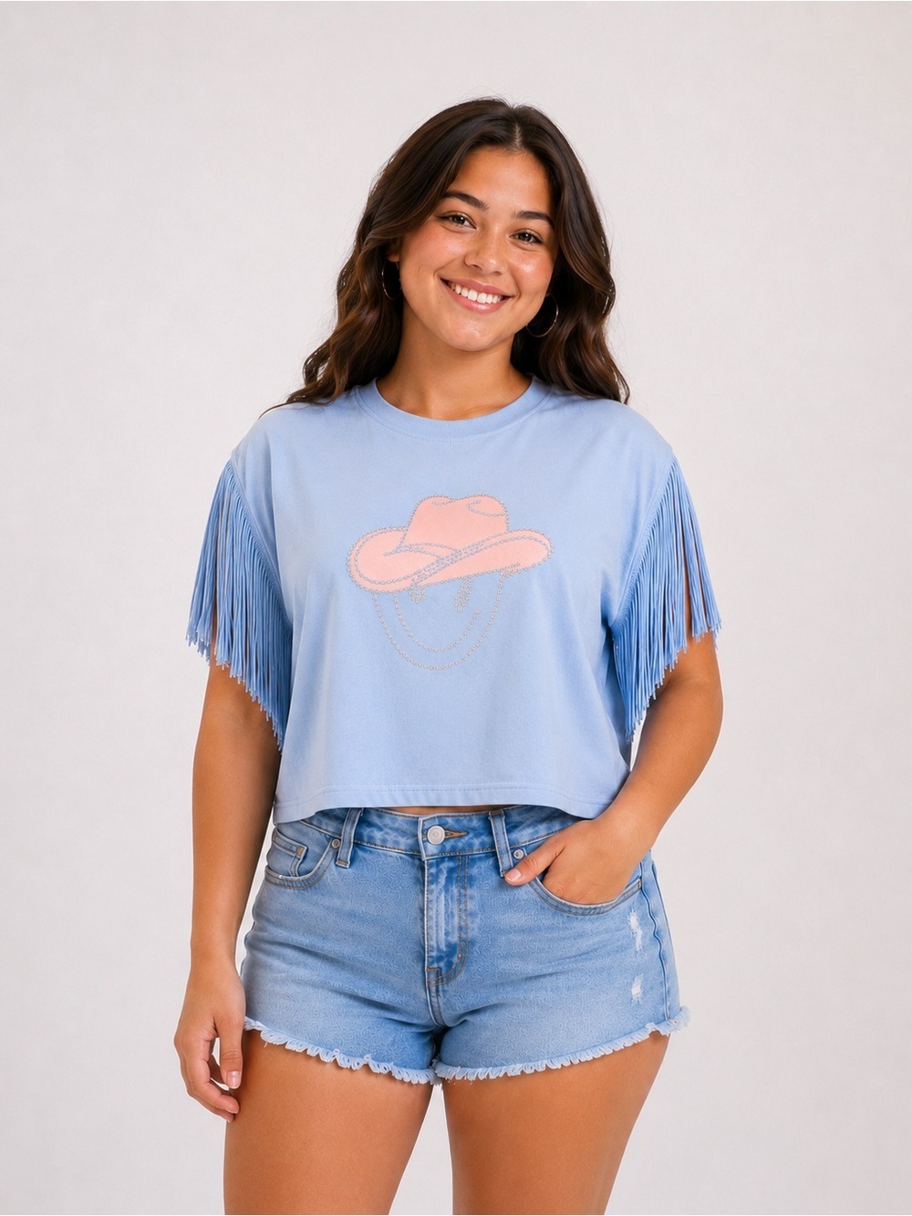 Main Strip Light Blue Crop Top with Pink Western Hat Graphic